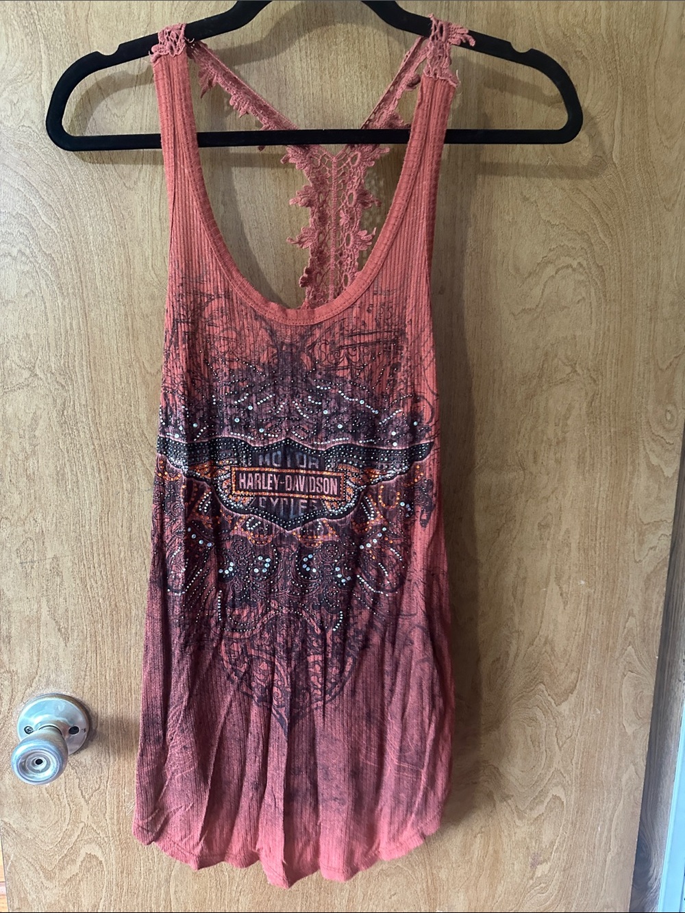 Harley‑Davidson Pink Coral Lace‑Back Graphic Tank with Rhinestones